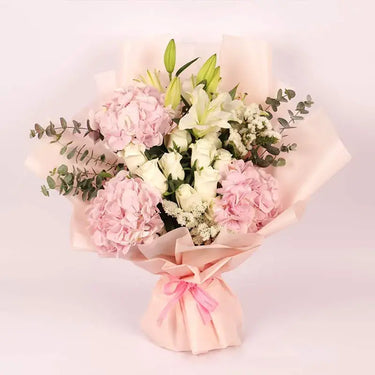 Pastel Paradise Bouquet, Pink Hydrangeas, White Roses, White Oriental Lilies, White Statice